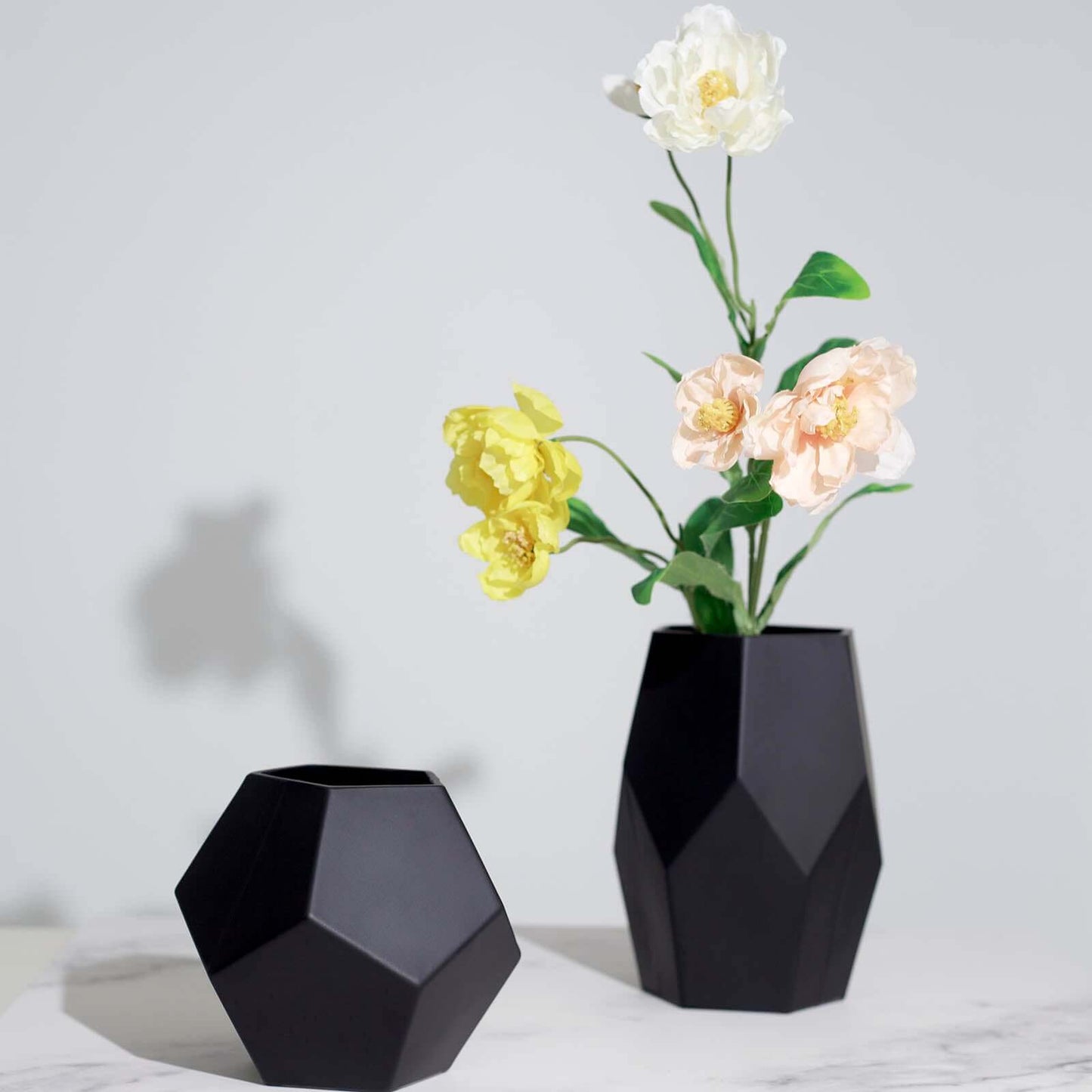Set of 2 Glass Flower Vases Geometric Design Matte Black - Stylish Modern Candle Holder Centerpieces 5", 8"