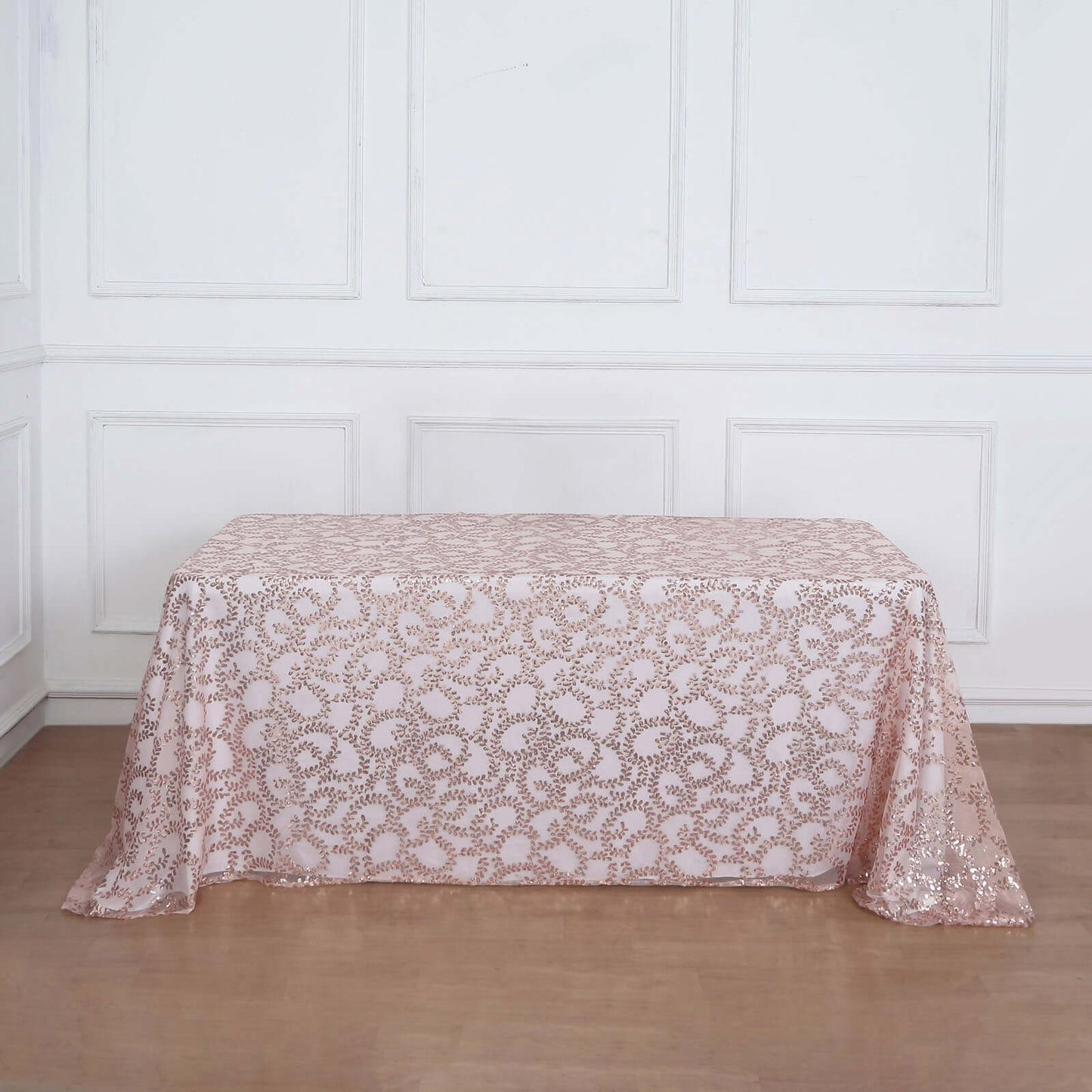 Tulle 90"x156" Rectangle Tablecloth Rose Gold - Sequin Leaf Embroidered Table Cover