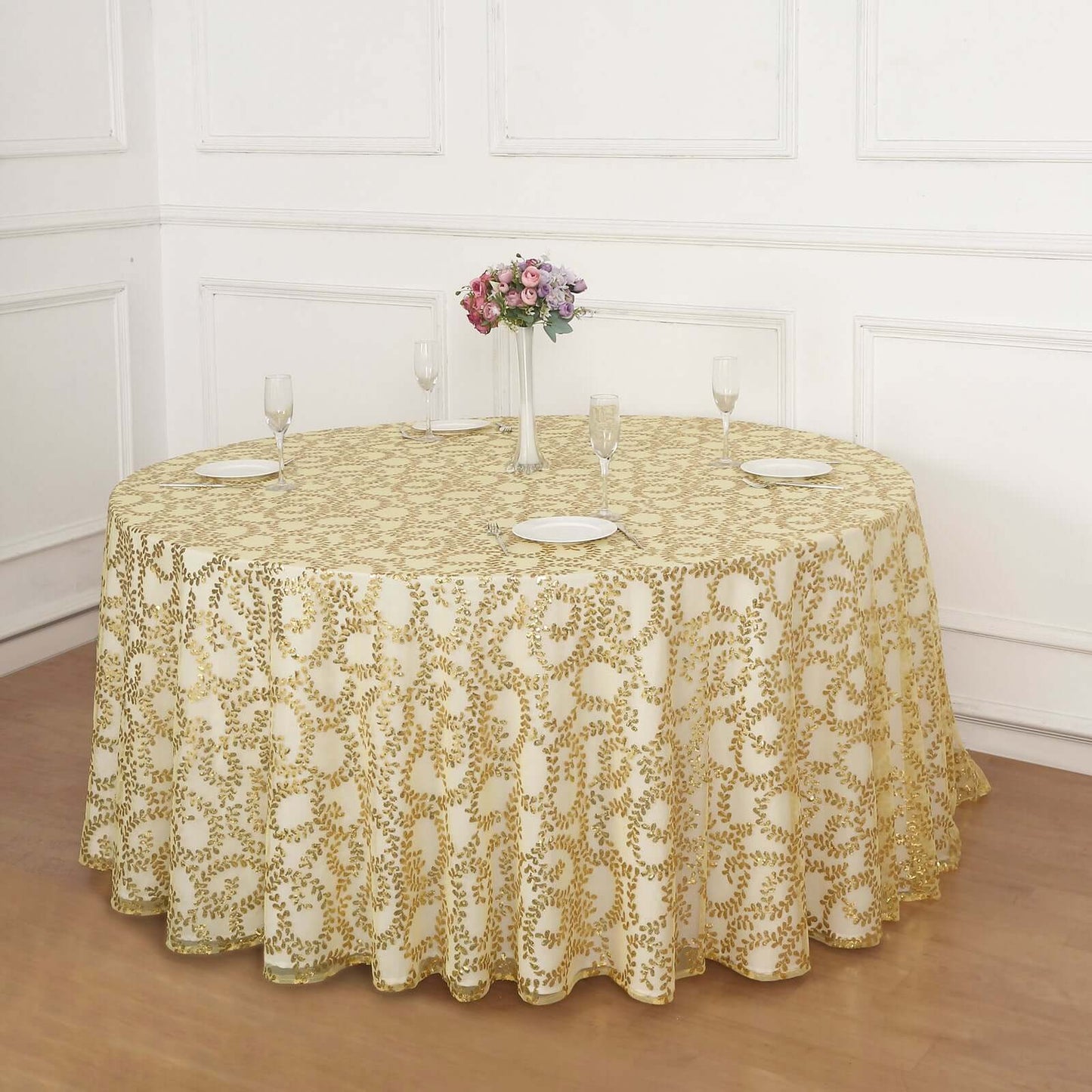 Tulle 120" Round Tablecloth Gold - Seamless Sequin Leaf Embroidered Design for Sophisticated Occasions