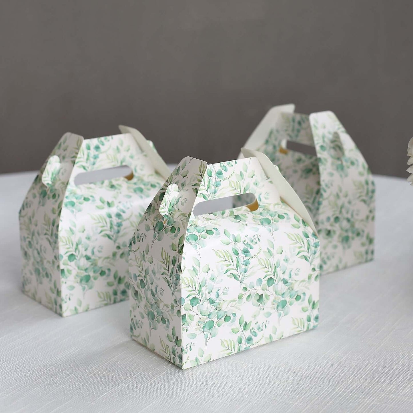 25 Pack White Green Candy Gift Tote Gable Boxes with Eucalyptus Leaves Print, Party Favor Treat Boxes - 6"x3.5"x7"