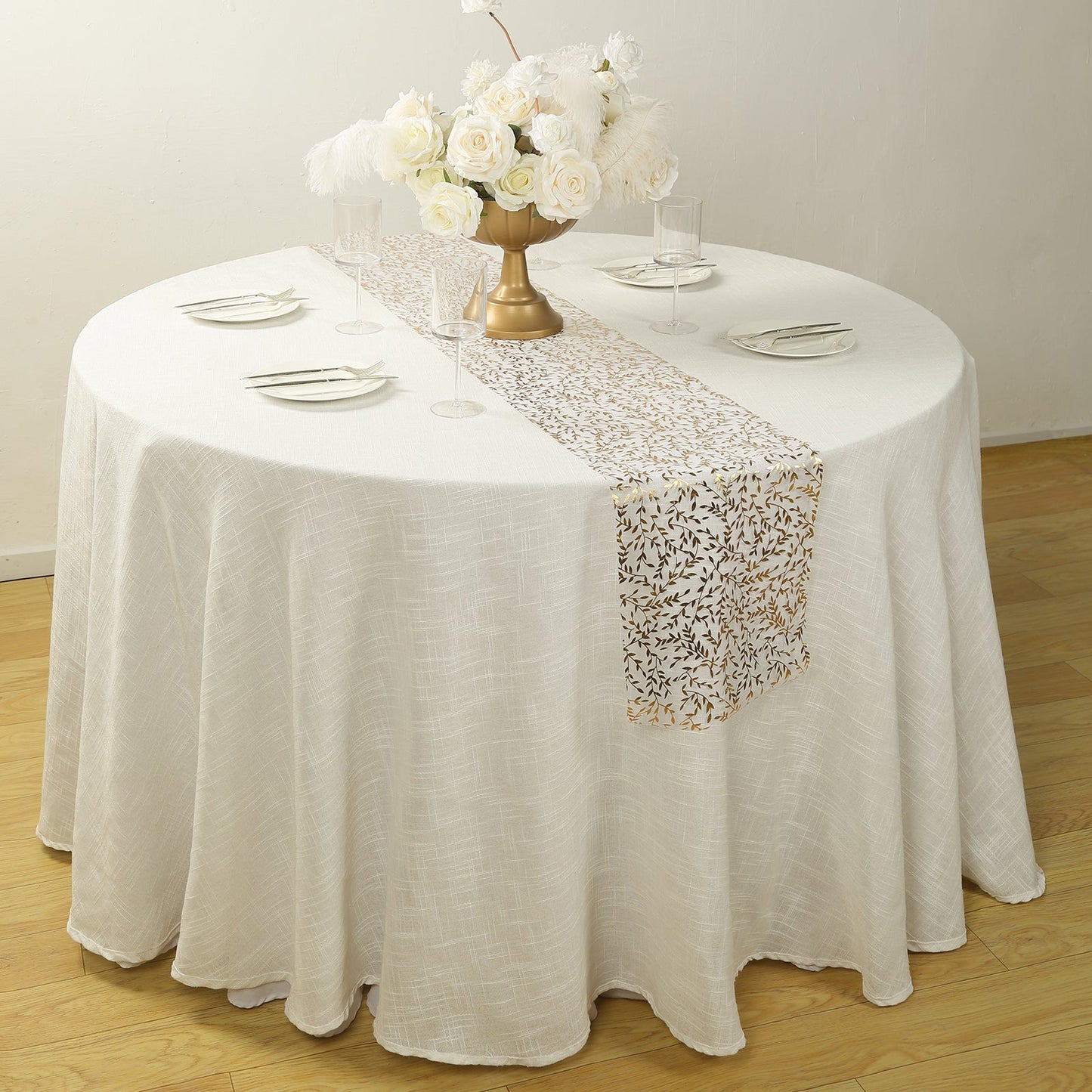 5 Pack Organza Mesh 11"x108" Table Runner Rolls White with Gold Foil Leaf Vines - Disposable Stylish & Chic Table Decor