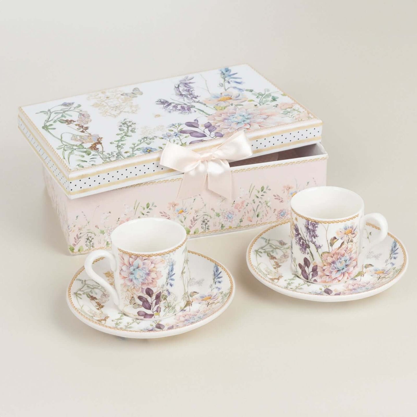 Blush Floral Design Bridal Shower Gift Set, Set of 2 Porcelain Espresso Cups and Saucers with Matching Keepsake Box