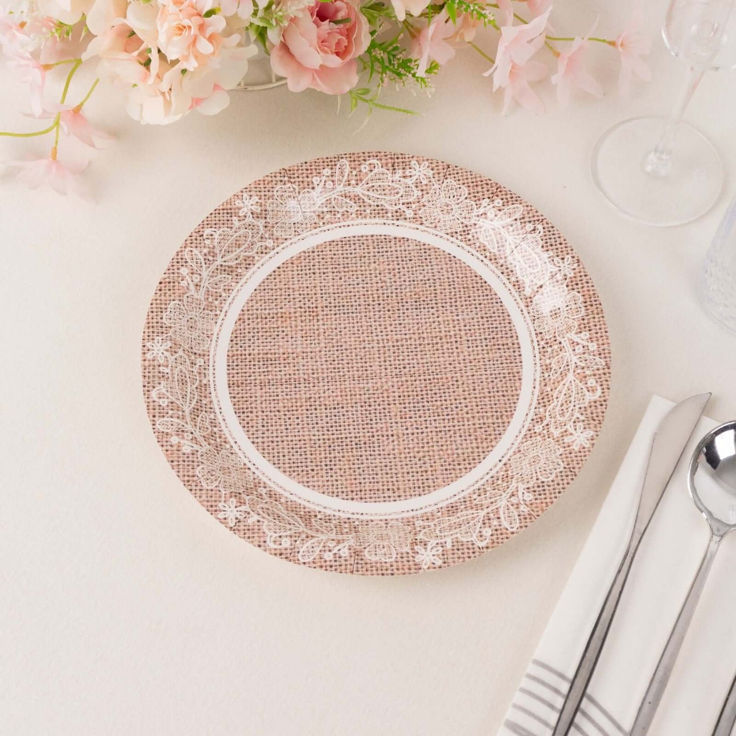 25-Pack Paper 9" Round Dinner Plates in Natural Burlap Print with White Floral Lace Rim - Rustic Farmhouse Inspired Disposable Party Plates