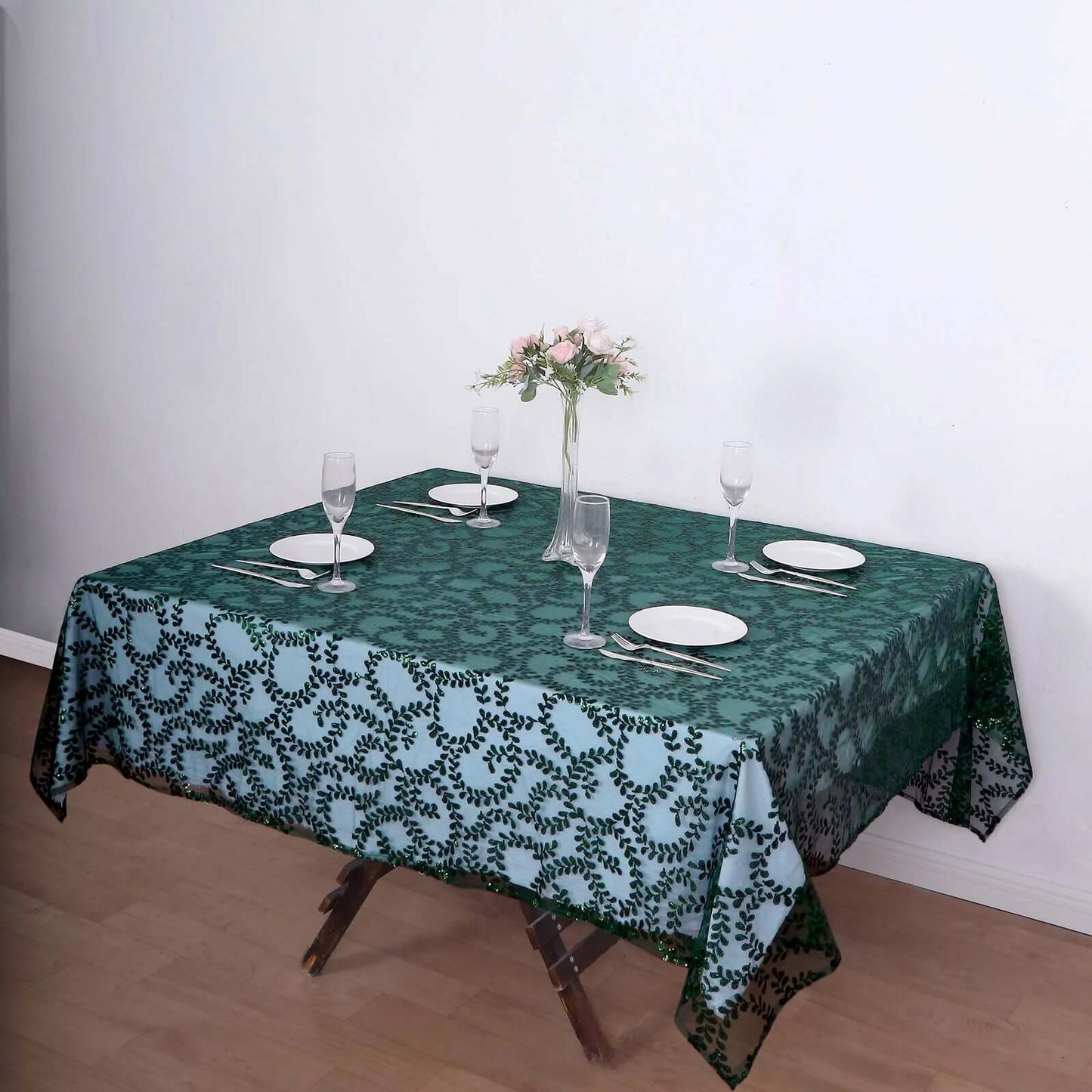 Tulle 72"x72" Table Overlay Square Tablecloth Hunter Emerald Green - Sequin Leaf Embroidered Table Topper