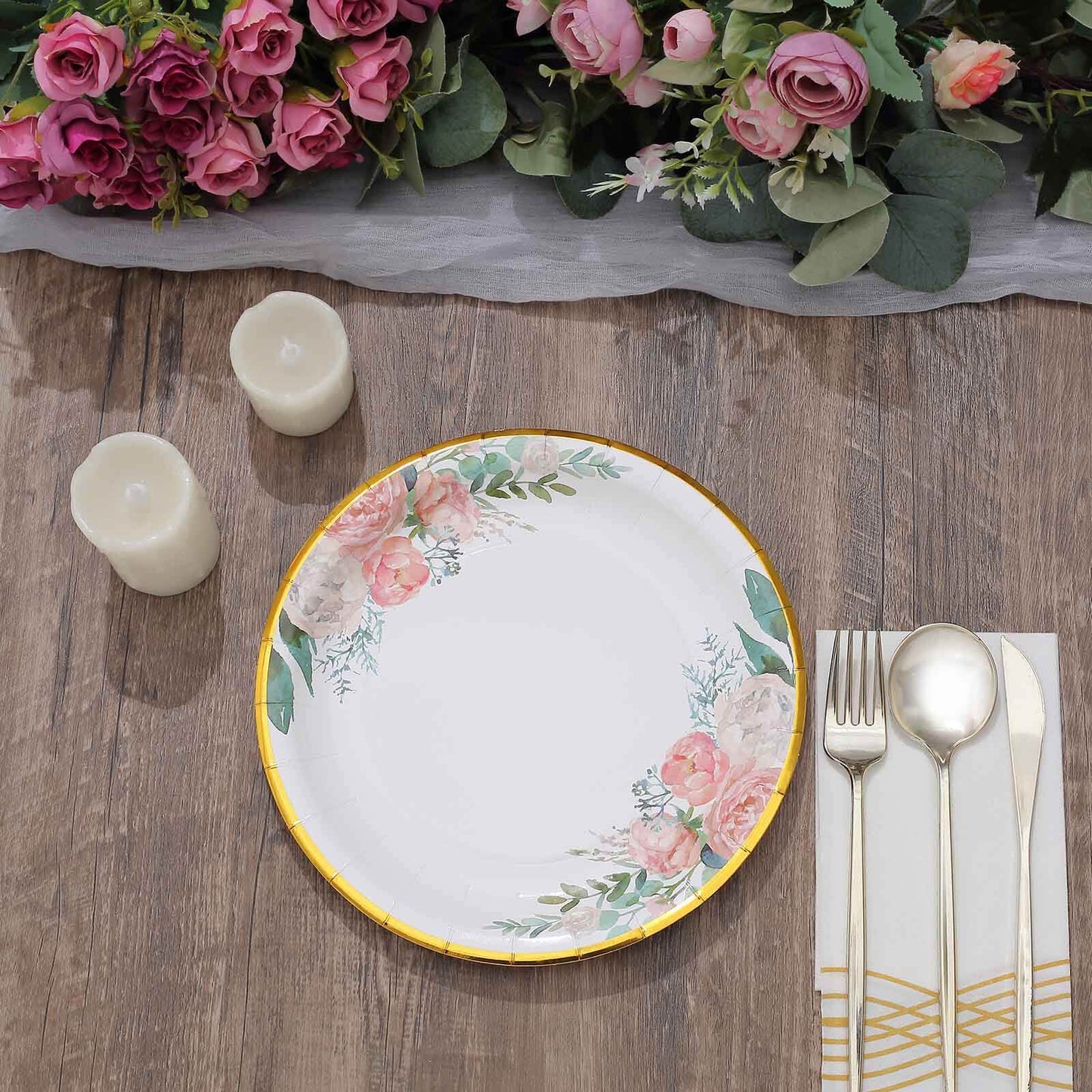 25-Pack Paper 9" Round Dinner Plates White with Peony Floral Design & Gold Rim - Disposable Floral Party Plates for Brunches & Afternoon Teas