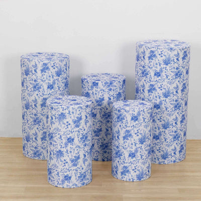 Set of 5 White Blue Spandex Cylinder Pedestal Stand Covers in French Toile Floral Pattern, Stretchable Pillar Prop Covers - 160 GSM