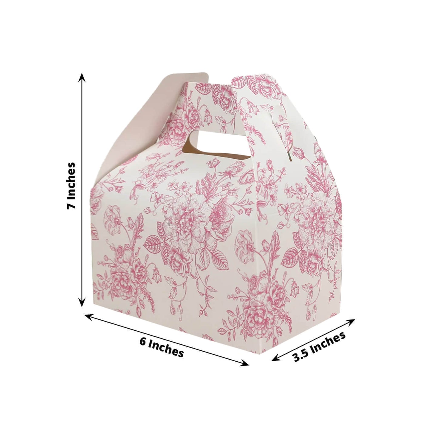 25 Pack Candy Treat Tote Boxes in French Toile Pattern - Matte Pink and White Party Favor Gable Boxes, Cardstock Paper - 6"x3.5"x7"