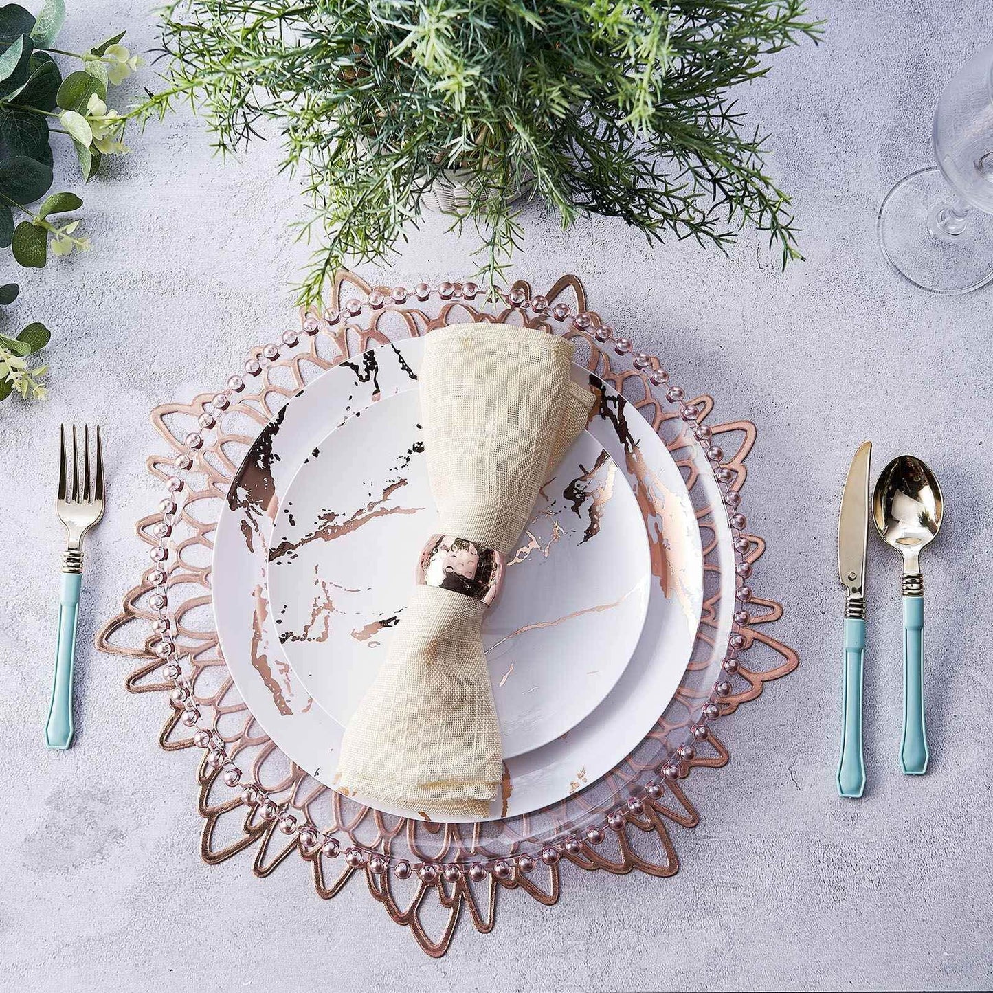 6-Pack Dining Table Mats Floral Design Rose Gold - Metallic Vinyl Round Non-Slip Mats for Tables 15"