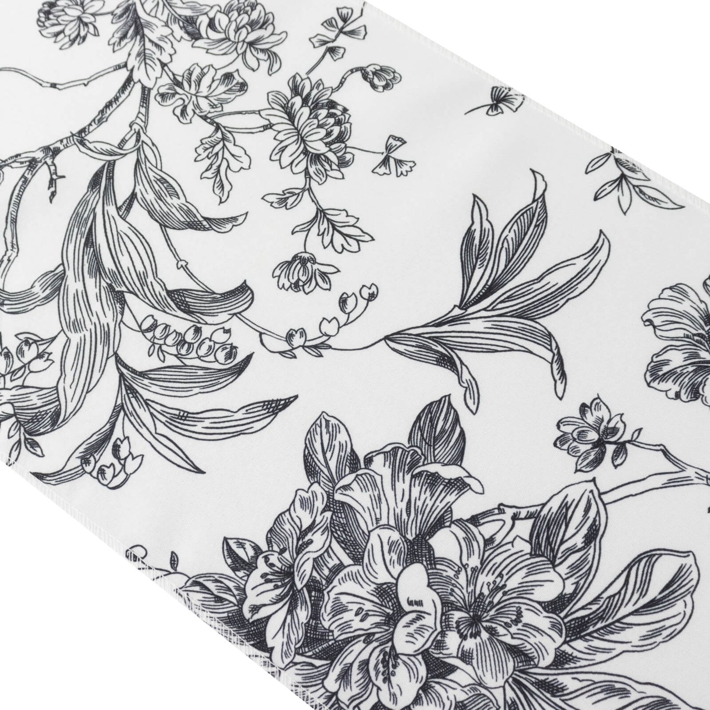 Polyester Table Runner 12"x108" White with Black French Toile Floral Print Reusable Table DÃ©cor