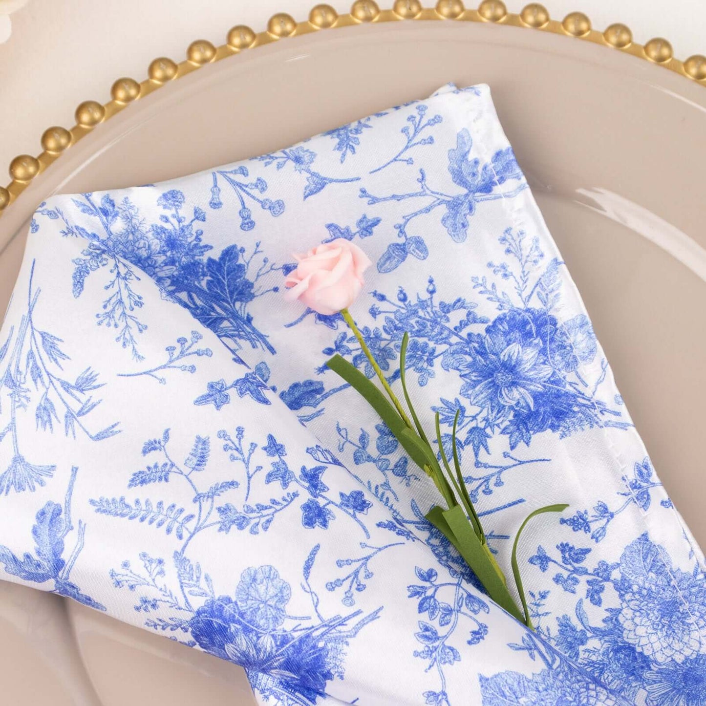 5 Pack Satin 20"x20" Napkins White/Blue French Toile Pattern - Classy & Easy to Maintain Cloth Napkins for Weddings & Events