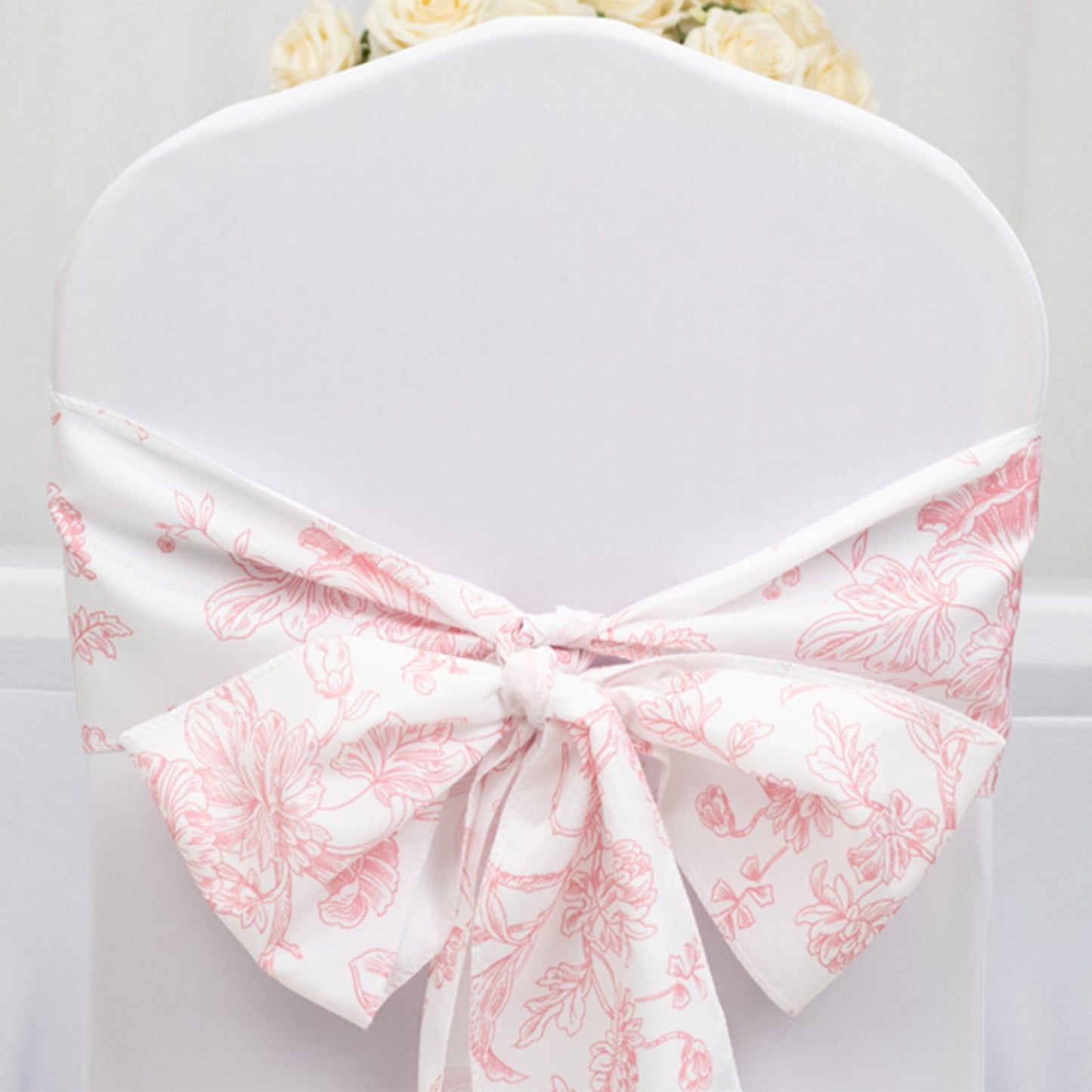 Polyester Chair Sashes White/Pink French Toile Floral Design - Wrinkle-Resistant & Durable Chair Bows 6"x108"