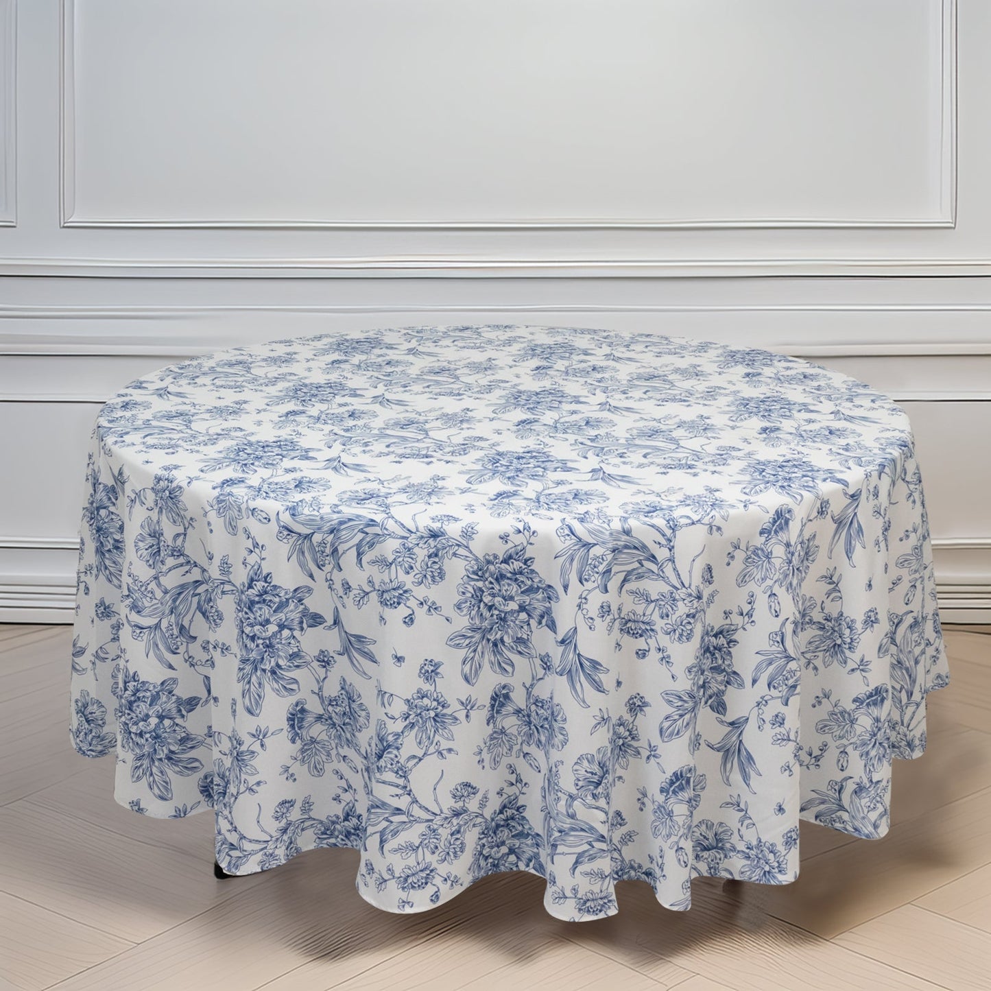 Polyester 108" Round Tablecloth White - Blue French Toile Pattern for Chic Weddings