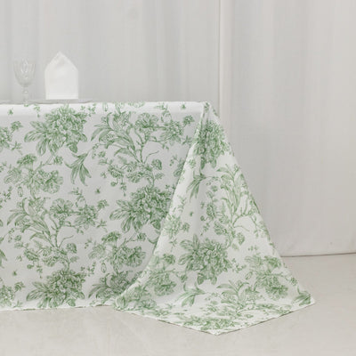 Polyester 90"x132" Rectangle Tablecloth White - Seamless Dusty Sage Green French Toile Pattern for Formal Celebrations
