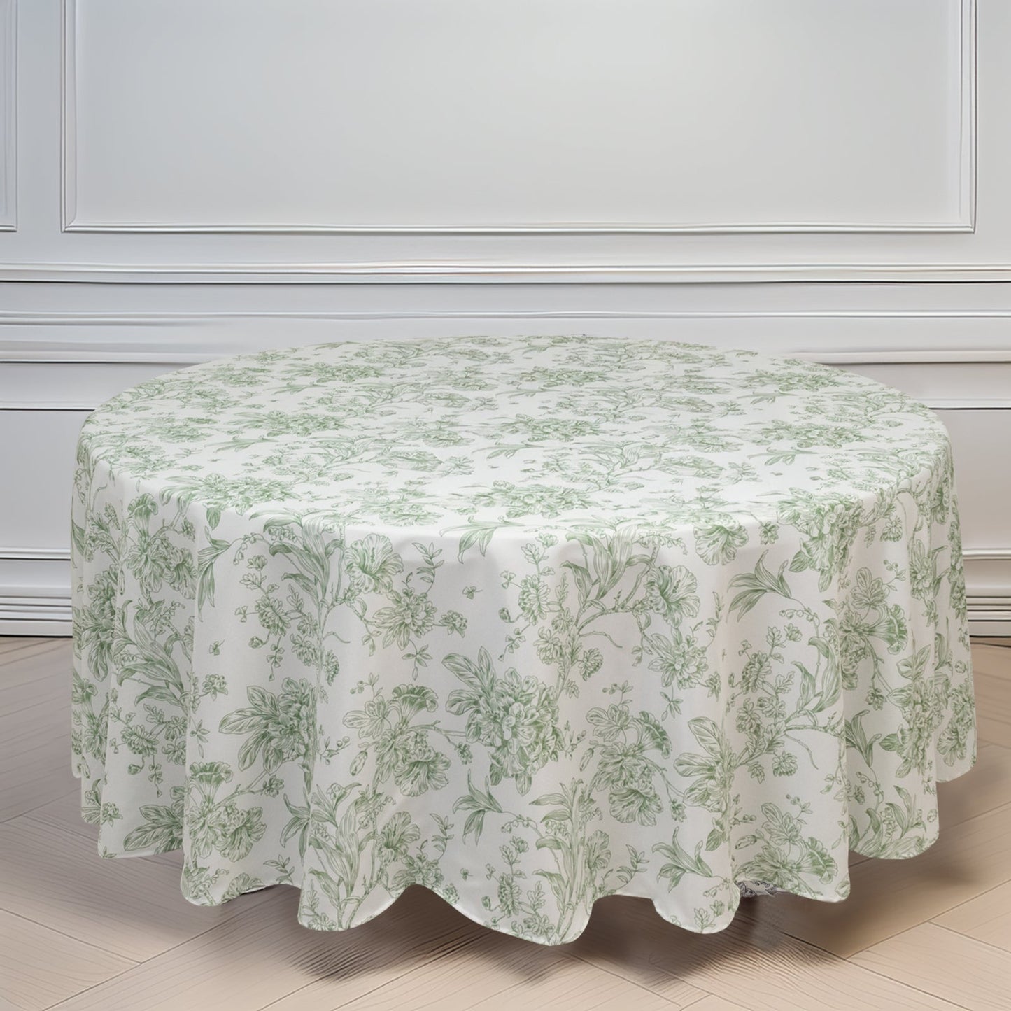 Polyester 108" Round Tablecloth White - Dusty Sage Green French Toile Pattern for Chic Weddings