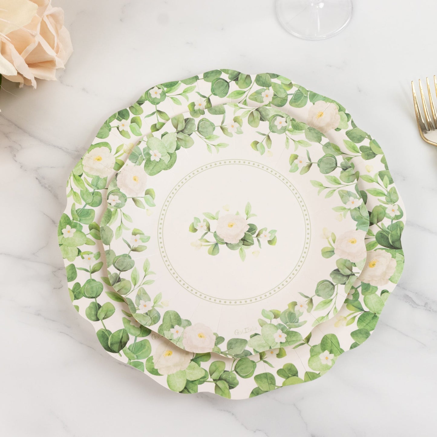 25-Pack Paper 8" Round Dessert Plates in White with Floral Greenery & Scalloped Edges - Disposable Appetizer Salad Plates for Rustic Weddings & Garden Brunches