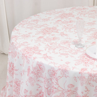 Polyester 132" Round Tablecloth White - Pink French Toile Pattern for Chic Weddings
