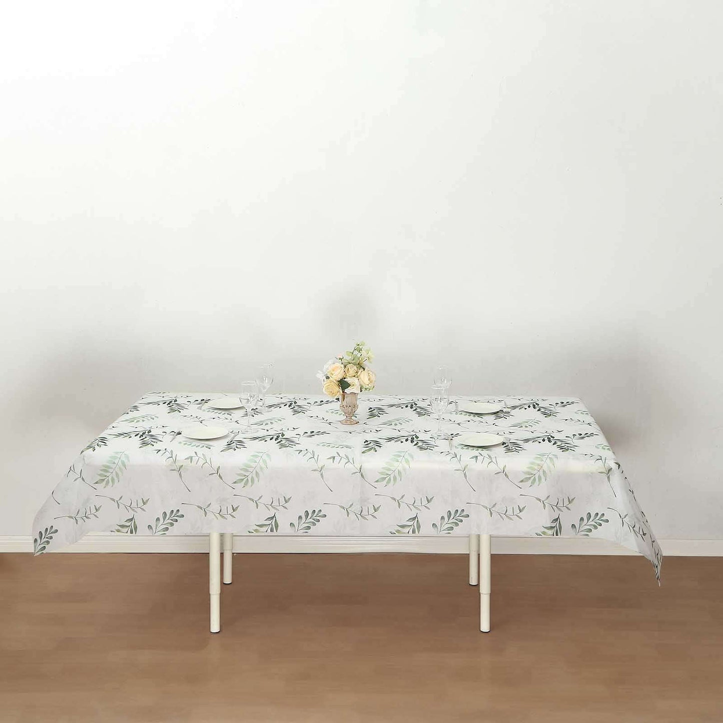 Non-Woven Tablecloth Rectangle White/Green with Olive Leaves Print - Perfect Disposable Table Cover for Summer 60"x102"