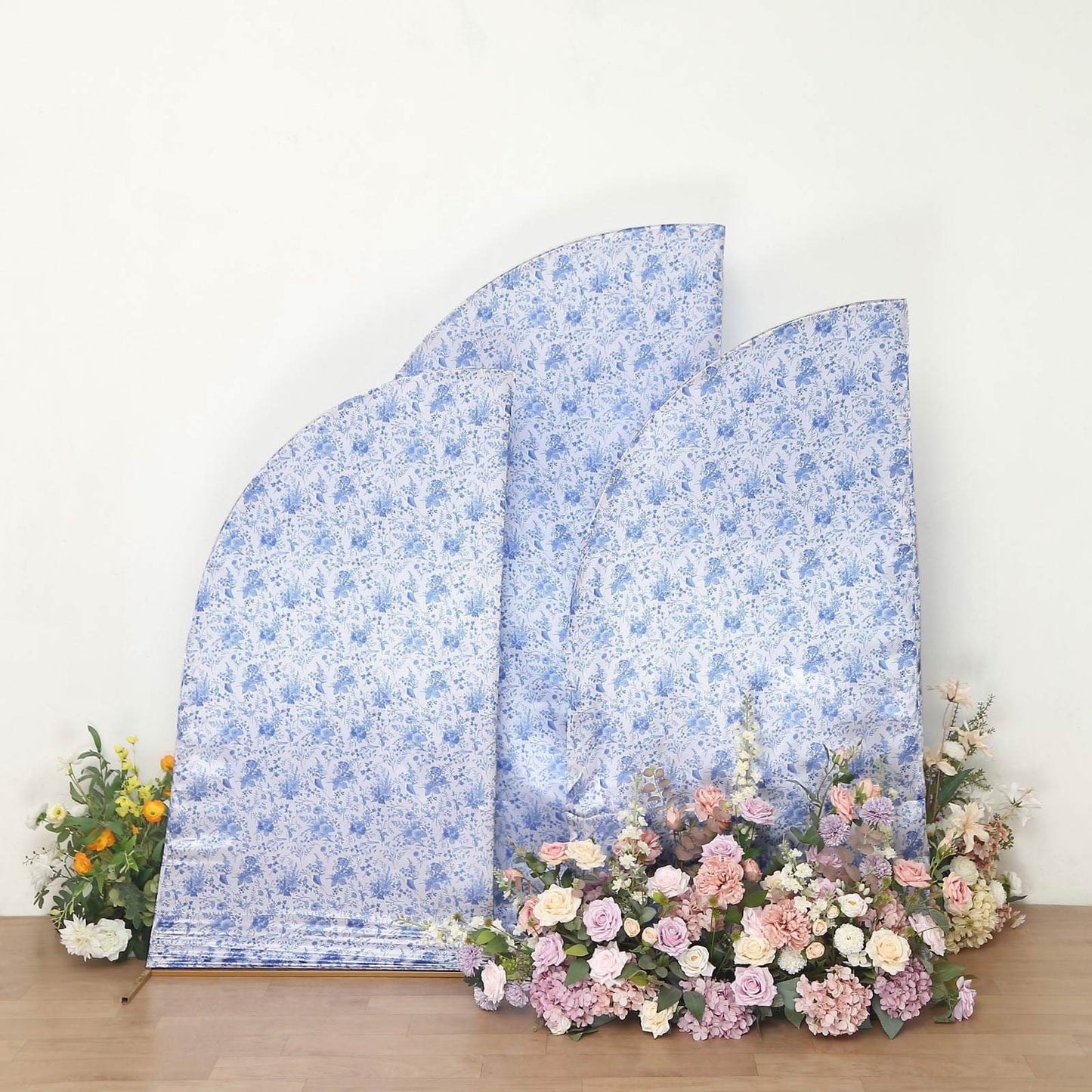 Set of 3 White Blue Satin Chiara Wedding Arch Covers in French Toile Floral Pattern, Fitted Covers For Half Moon Backdrop Stands - 5ft, 6ft, 7ft
