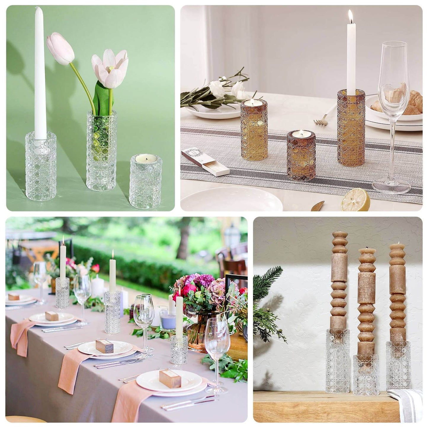 Set of 3 Glass Taper Candle Holders Clear with Gemstone Pattern - Dual Sided Crystal Cylinder Tealight Stands 3", 4", 5.5"