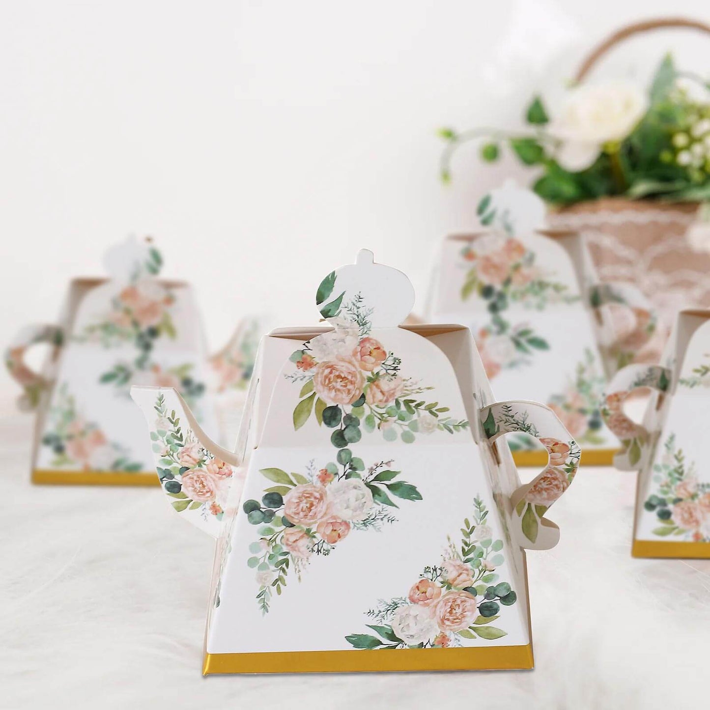 25 Pack Pink Peony Floral Mini Teapot Party Favor Boxes with Gold Edge, Tea Time Gift Boxes - 5"x4"