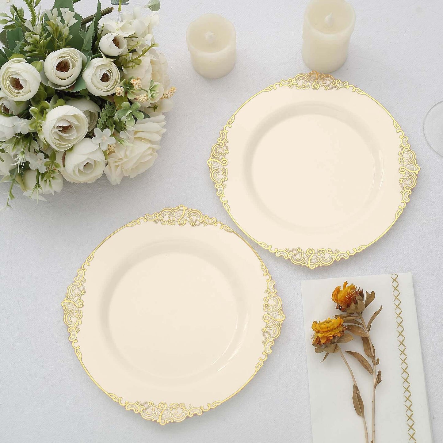 10-Pack Plastic 8" Round Dessert Plates in Ivory with Gold Leaf Embossed Rim - Disposable Vintage Baroque Style Salad Plates