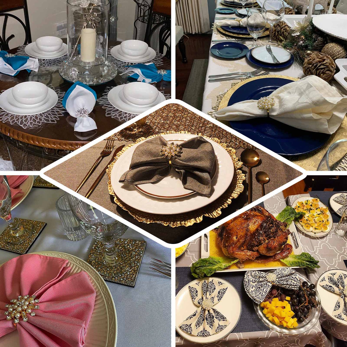 4 Pack Pearl And Diamond Rhinestone Flower Gold Metal Napkin Rings, Decorative Napkin Buckle Holders