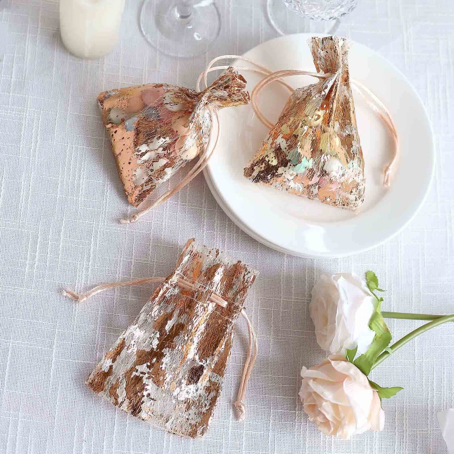 12 Pack Metallic Rose Gold Foil Polyester Drawstring Candy Bags, Wedding Party Favor Bags - 4"x5"