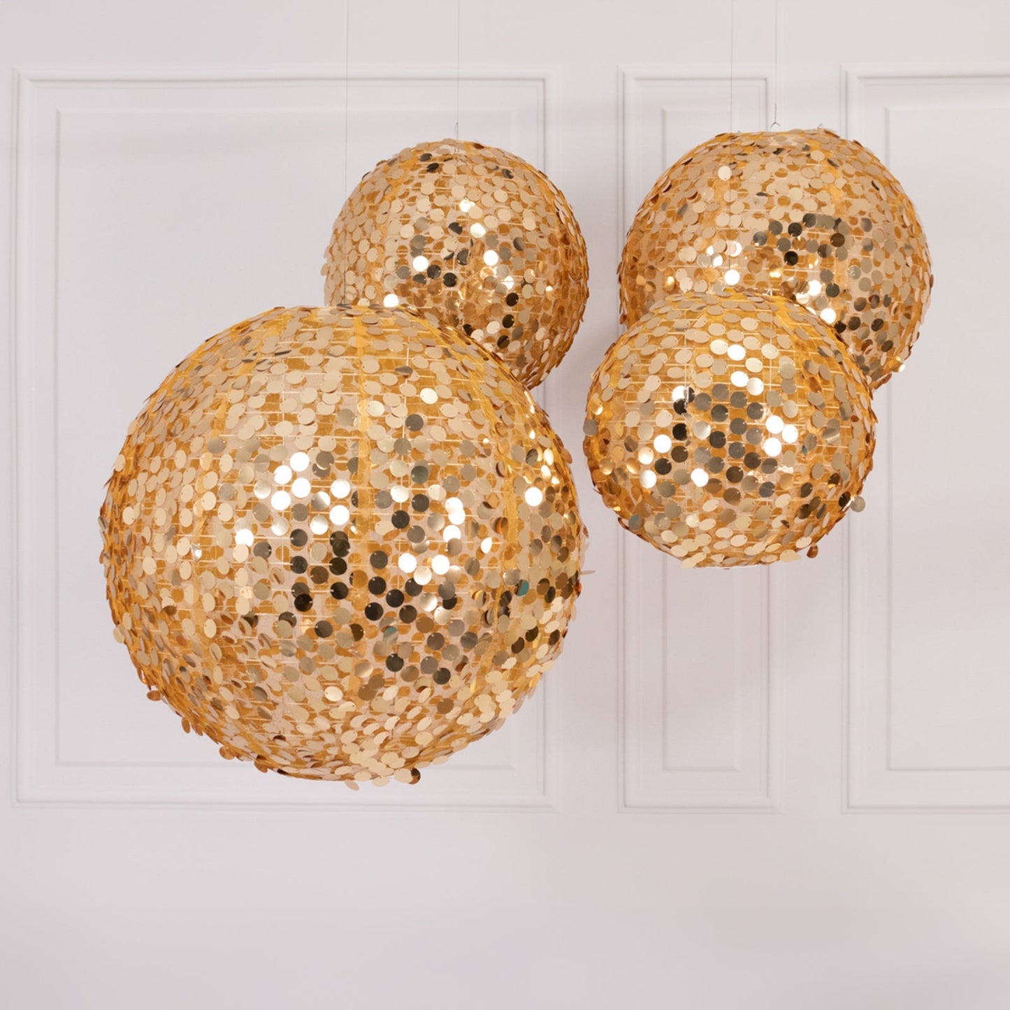 Set of 4 Glitter Gold Payette Sequin Hanging Lanterns, Large Decorative Round Foldable Fabric Chinese Lantern Lampshades - 12",14",16",20"