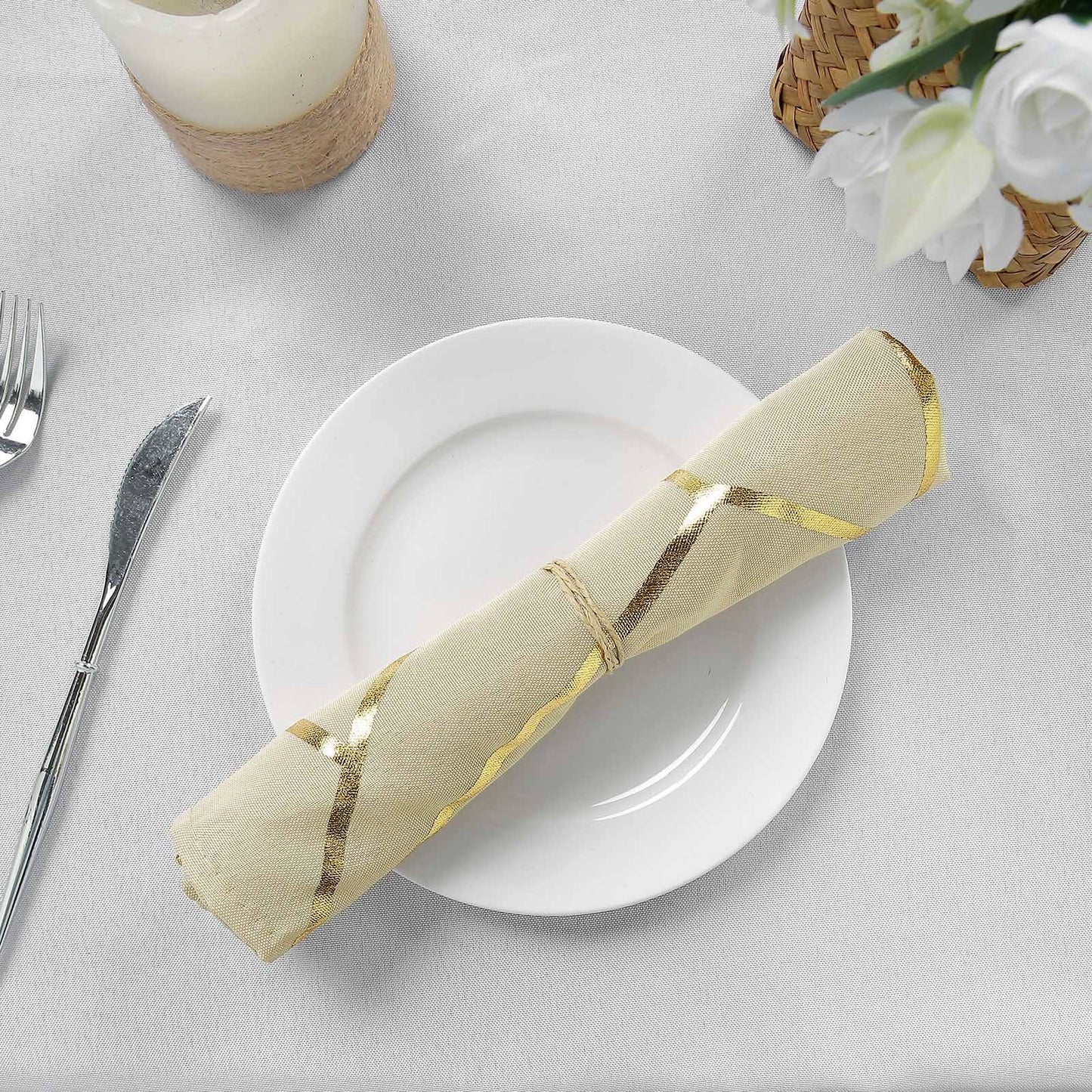 5 Pack Polyester 20"x20" Napkins Beige with Gold Geometric Foil Pattern - Modern Reusable Dinner Napkins