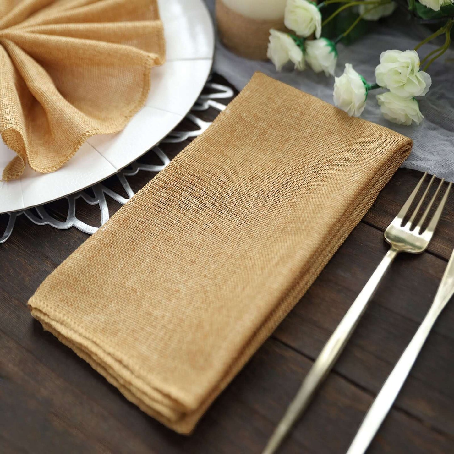 5 Pack Faux Jute 19"x19" Napkins Gold - Authentic Burlap Look Cloth Napkins for Rustic Boho Weddings & Parties