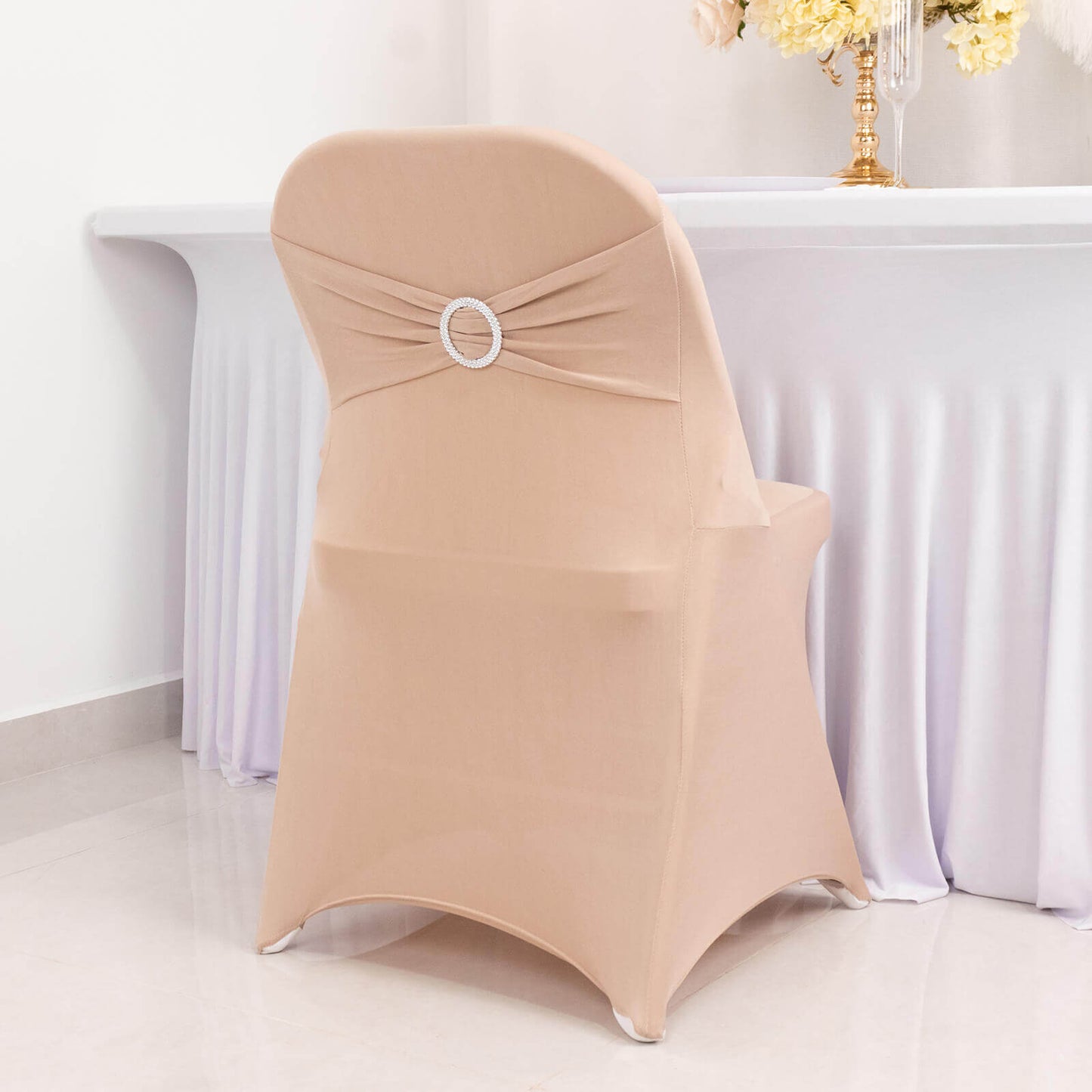 Stretch Spandex Chair Cover Nude for Folding Chairs - Secure Fit Slipcover with Silver Rhinestone Buckled Sash Band