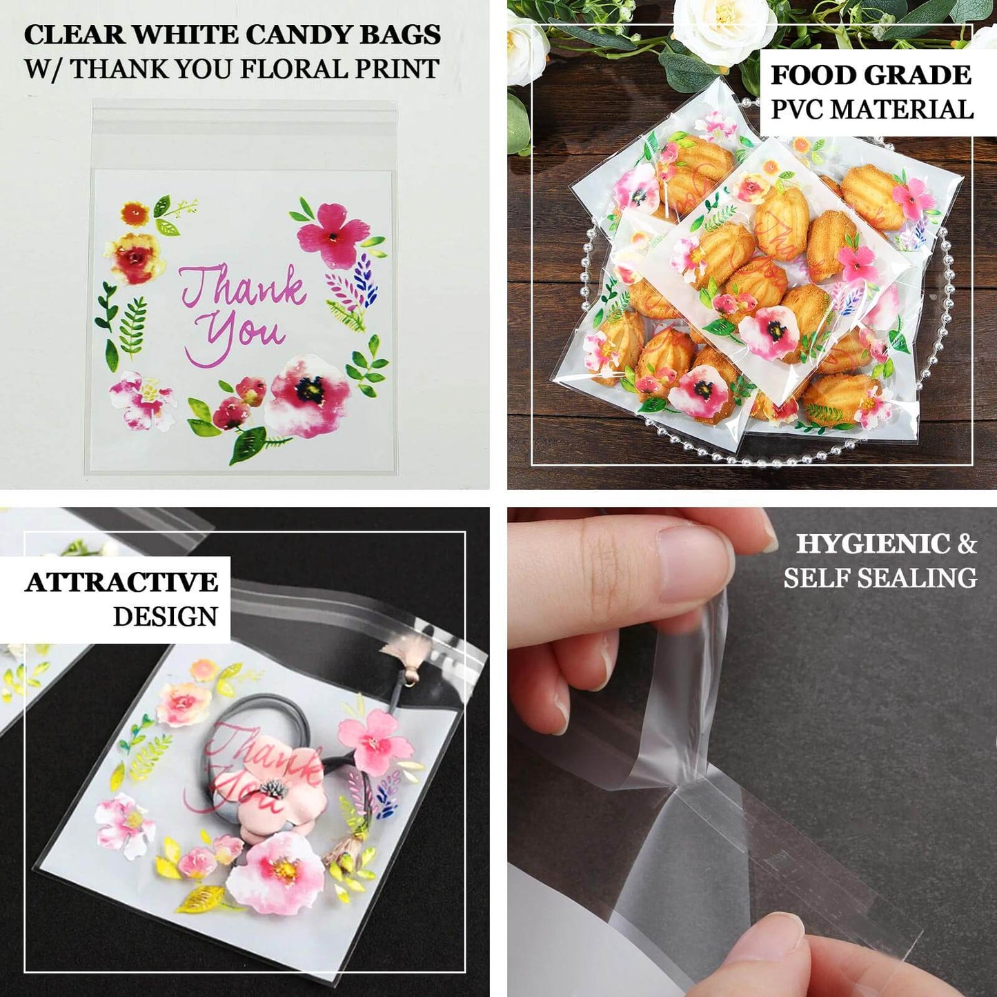 100-Pack PVC Cookie Candy Bags White/Clear - Decorative Self Adhesive Goodie Bags With "Thank You" Print & Floral Accents for Stylish Wedding Birthday Party Favors 6"x7"