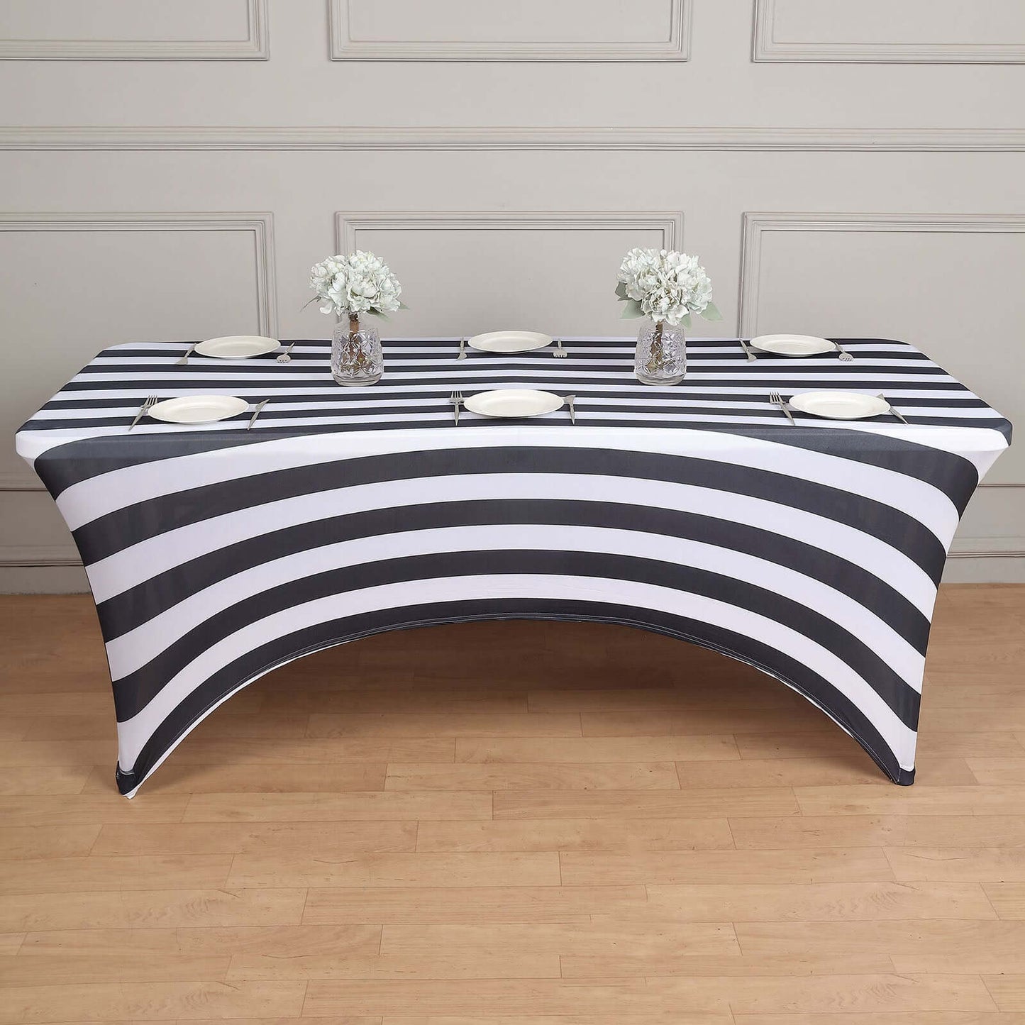 Stretch Spandex 8ft Rectangle Tablecloth Black/White Vertical Stripes - Durable Form-Fitting Tablecloth for Events & Presentations