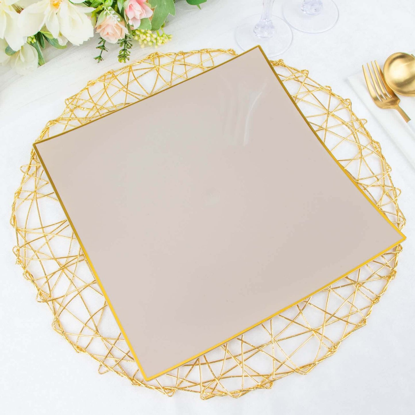 10-Pack Plastic 10" Square Dinner Plates in Taupe Concave Style with Gold Rim - Modern Disposable Party Plates