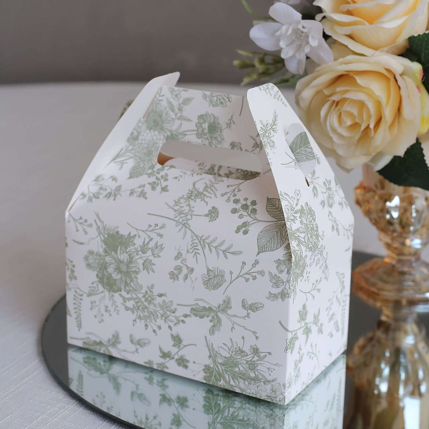 25 Pack White Sage Green Candy Gift Tote Gable Boxes in French Toile Pattern, Party Favor Treat Boxes - 6"x3.5"x7"