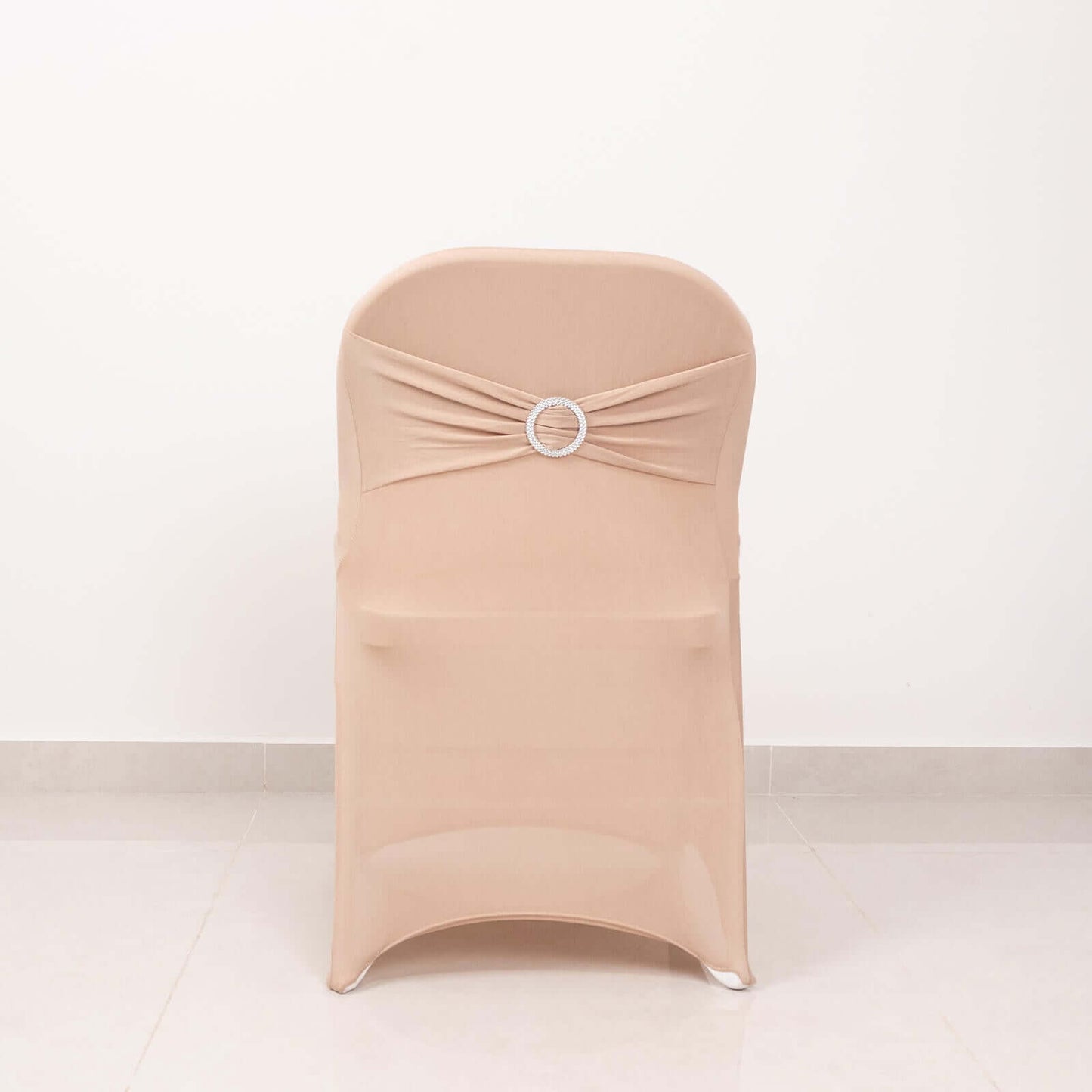 Stretch Spandex Chair Cover Nude for Folding Chairs - Secure Fit Slipcover with Silver Rhinestone Buckled Sash Band
