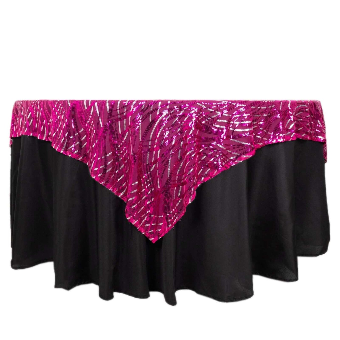 Mesh 72"x72" Table Overlay Square Tablecloth Fuchsia Silver - Wave Embroidered Sequins Table Topper