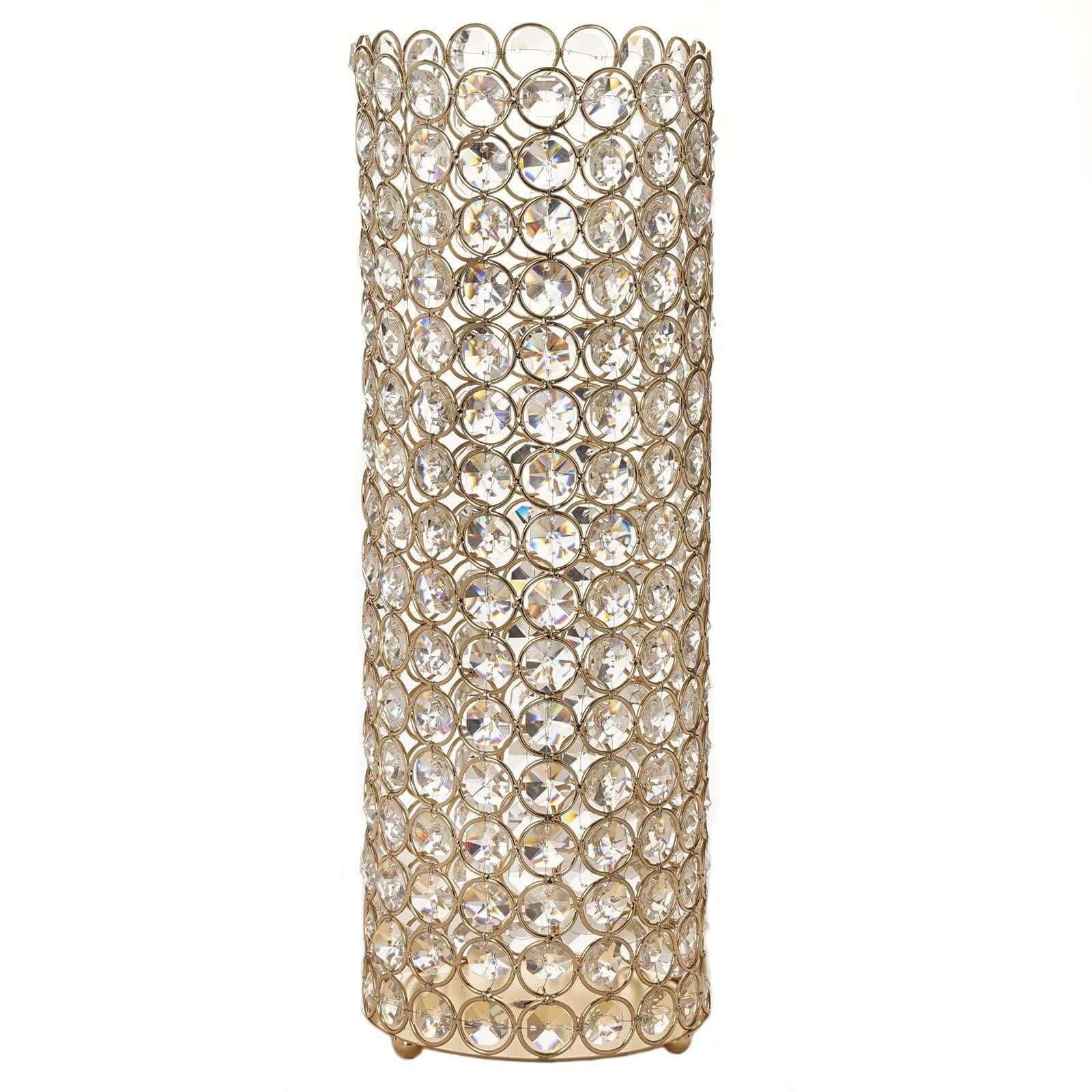 Full Crystal Beaded Candle Holder Shiny Gold Metal - Stylish Pillar Stand for Weddings 16" - Linen Luxes
