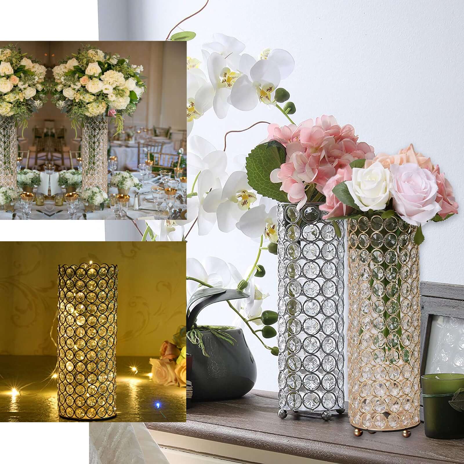 Full Crystal Beaded Candle Holder Shiny Gold Metal - Stylish Pillar Stand for Weddings 16" - Linen Luxes