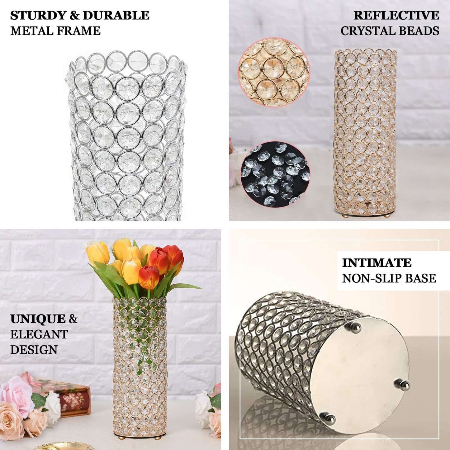 Full Crystal Beaded Candle Holder Shiny Gold Metal - Stylish Pillar Stand for Weddings 16" - Linen Luxes