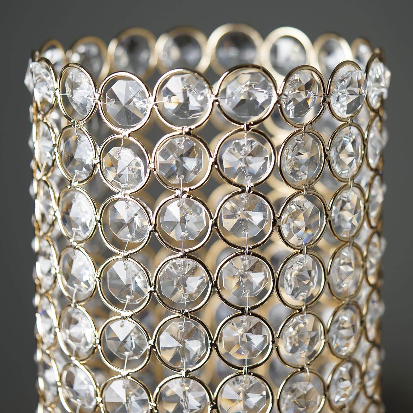 Full Crystal Beaded Candle Holder Shiny Gold Metal - Stylish Pillar Stand for Weddings 16" - Linen Luxes
