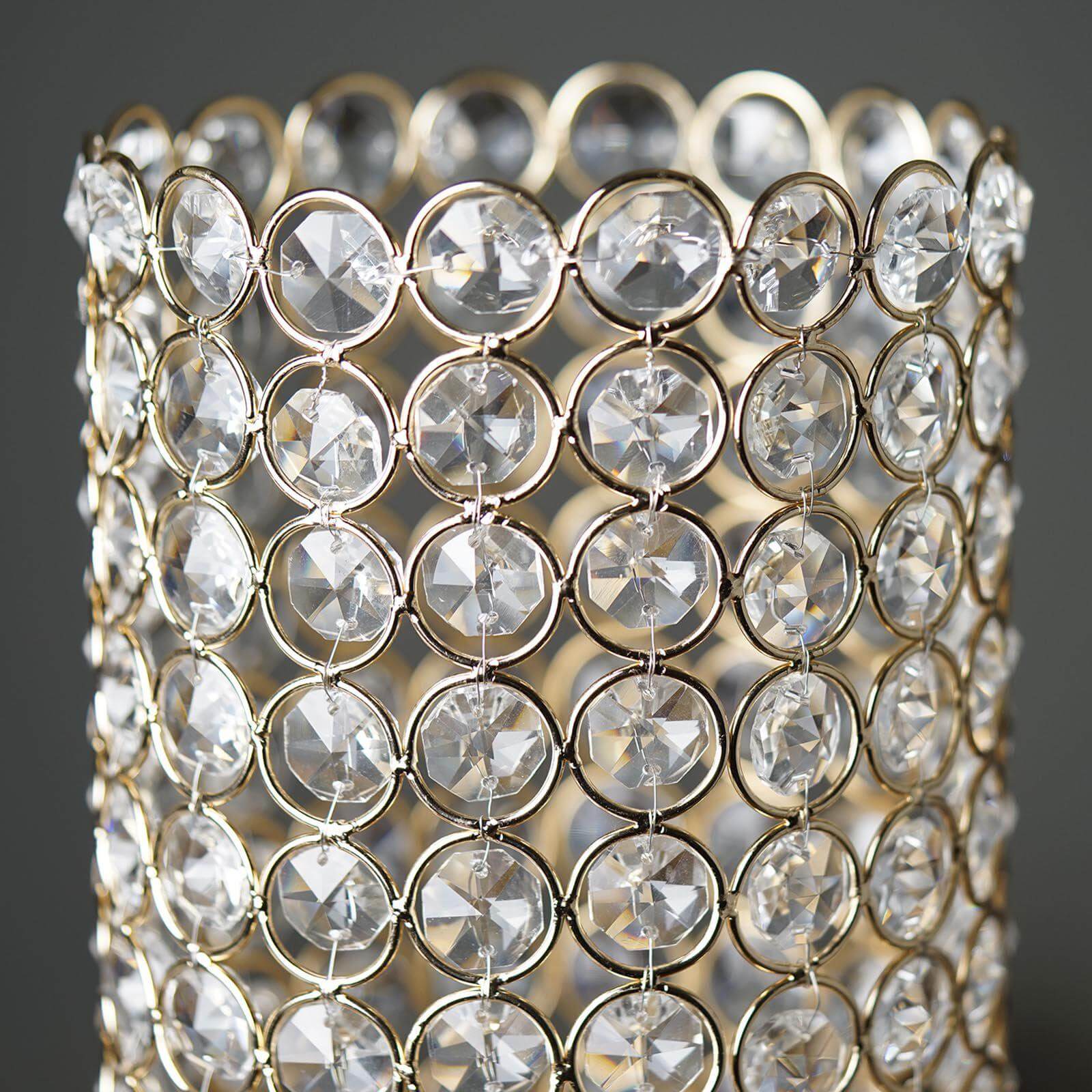 Full Crystal Beaded Candle Holder Shiny Gold Metal - Stylish Pillar Stand for Weddings 16" - Linen Luxes