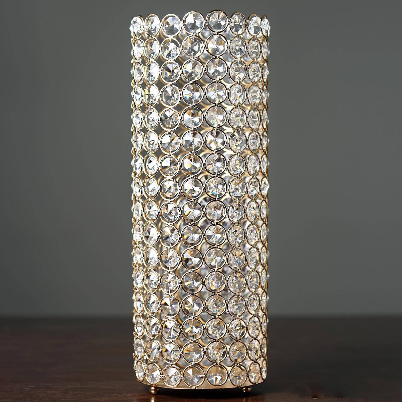 Full Crystal Beaded Candle Holder Shiny Gold Metal - Stylish Pillar Stand for Weddings 16" - Linen Luxes