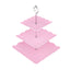 3-Tier Plastic Square Cupcake Stand Tower Pink - Charming Easy to Assemble Dessert Display Serving Tray Platter with Floral Embossed Scalloped Rim & Silver Handle for Tea Parties Weddings & Special Occasions 13"