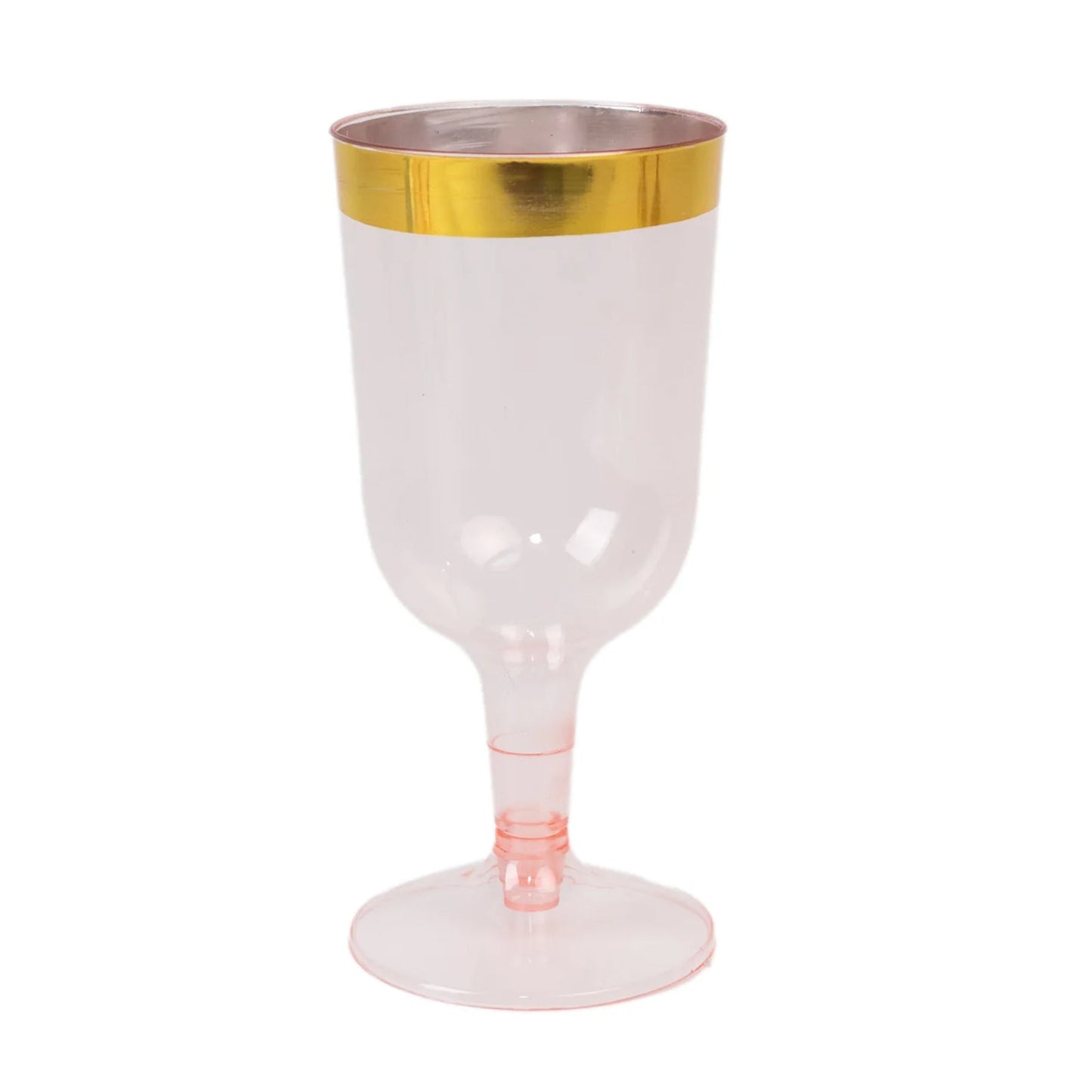 12 Pack Plastic Short Stem Wine Glasses Transparent Blush/Gold Rim - Stylish Disposable Drinkware 6oz