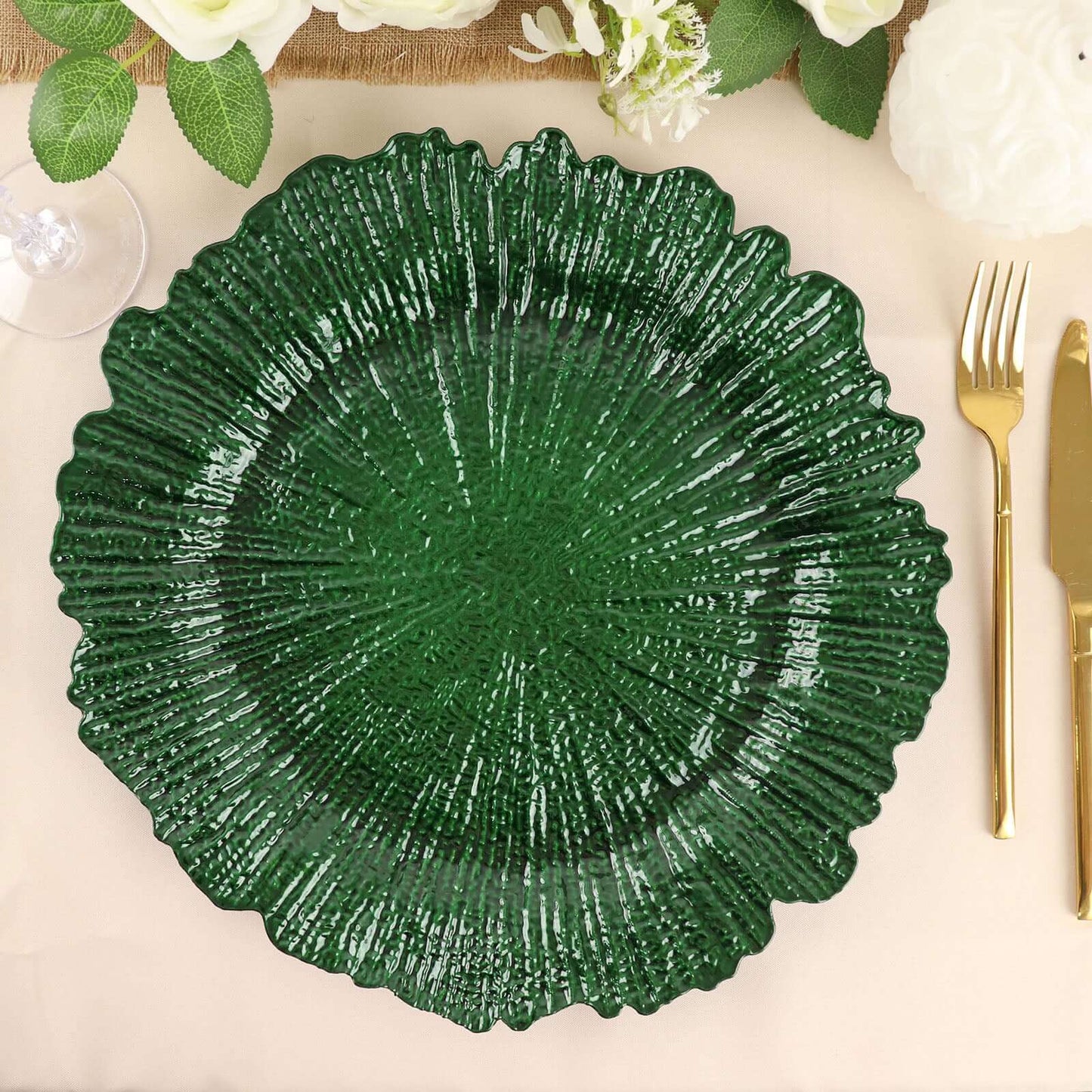 6-Pack Acrylic Plastic Round Charger Plates 13" in Hunter Emerald Green with Reef Design, Dinner Charger Tableware