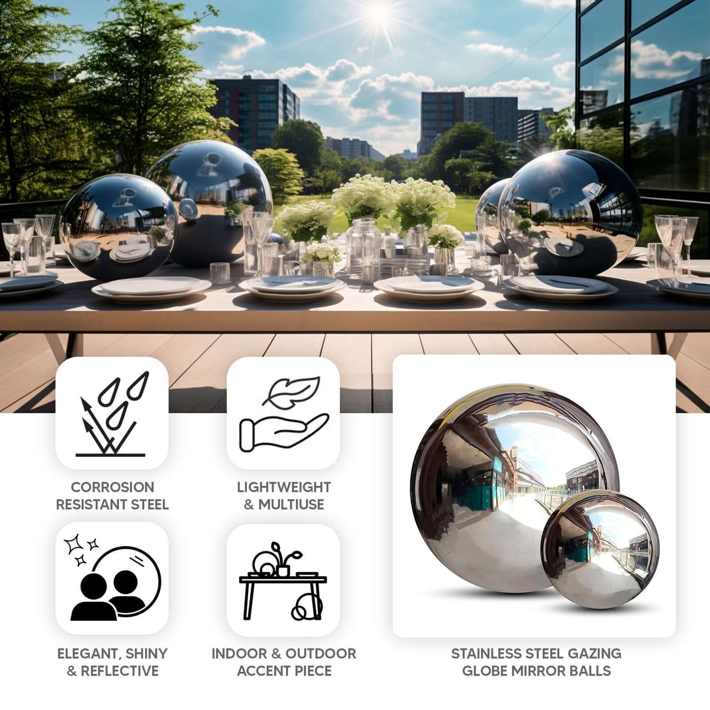 2-Pack Gazing Globe Mirror Ball Reflective Hollow Stainless Steel Silver Spheres - Decorative Outdoor Garden Display 12"