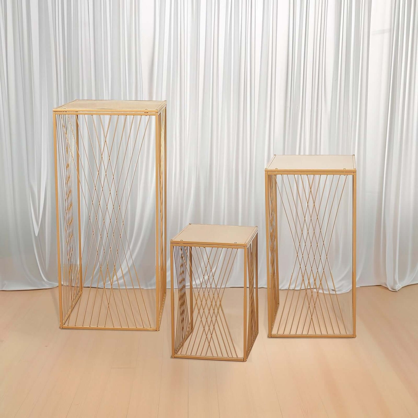 Set of 3 Gold Metal Rectangular Plant Stands with Geometric Crossed Lines Pattern, Nesting Cake Dessert Tables Floral Display Stands - 19",27",35"
