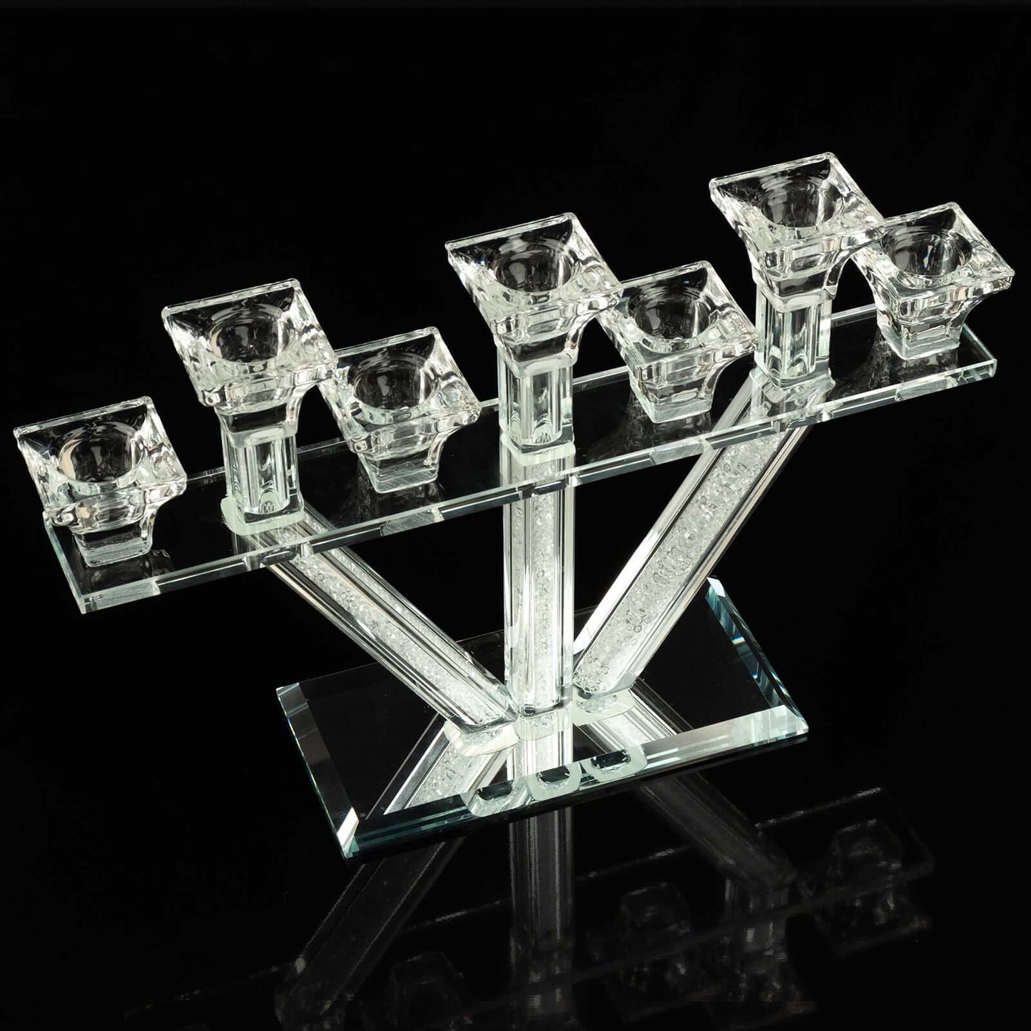 Crystal Glass Candelabra, 7-Branch Taper Candle Stick Holder Stand Table Centerpiece With Crystal Filler and Mirror Base 12"