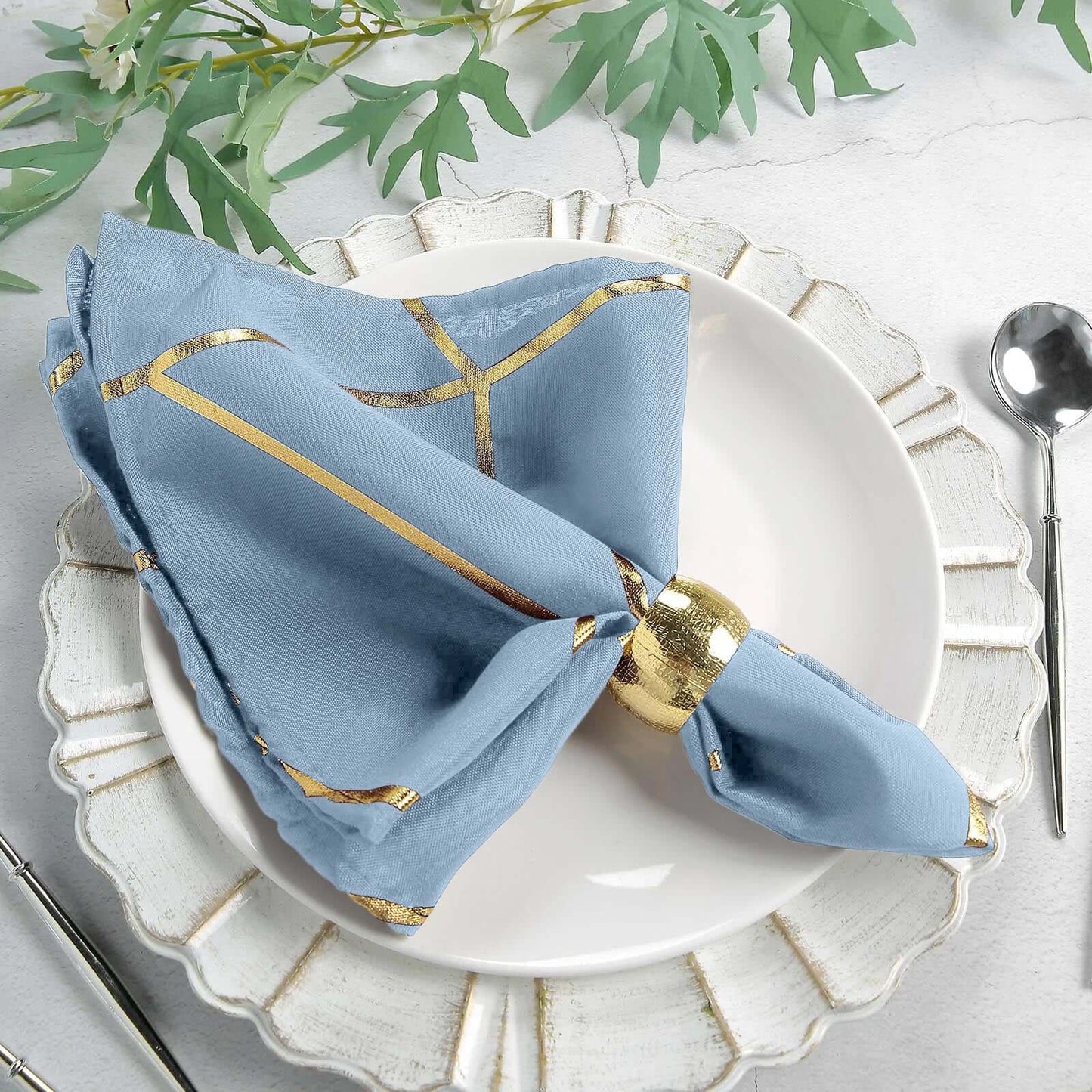 5 Pack Polyester 20"x20" Napkins Dusty Blue with Gold Geometric Foil Pattern - Modern Reusable Dinner Napkins